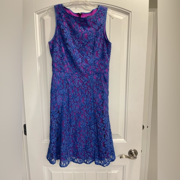 Beautiful Adrianna Papell Floral Lace Sheath Dress Pink blue Womens Sz 10 pocket - Picture 1 of 6